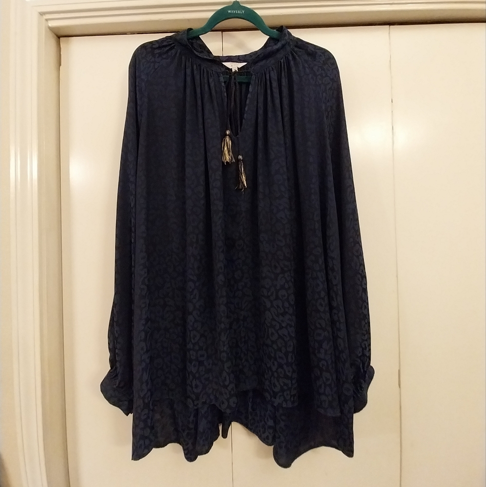 Silk-feel Navy Blue Long Sleeve Blouse